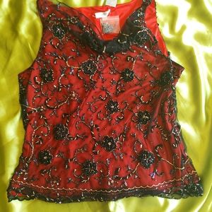 Cache beaded  black  overlay  on red tank top sz Large